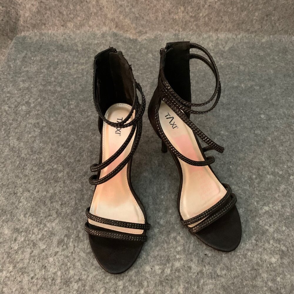 Taxi Women’s Black Glitter Zipper Heel Rhinestones Details Open Toe Shoes